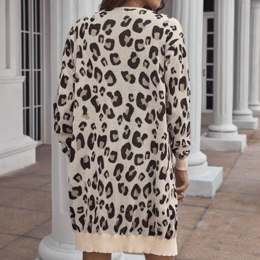 Leopard print soft knit midi cardigan cream black - Picture 2 of 2
